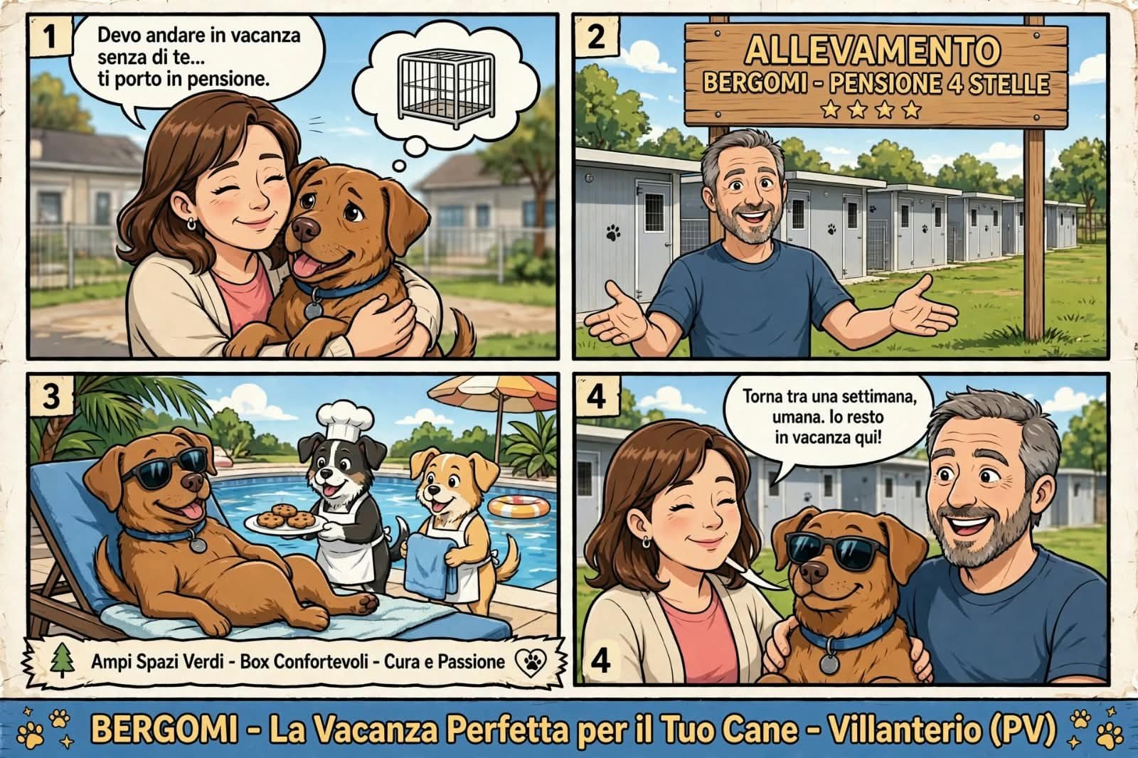 Fumetto simpatico: il cane va in vacanza alla Pensione Bergomi